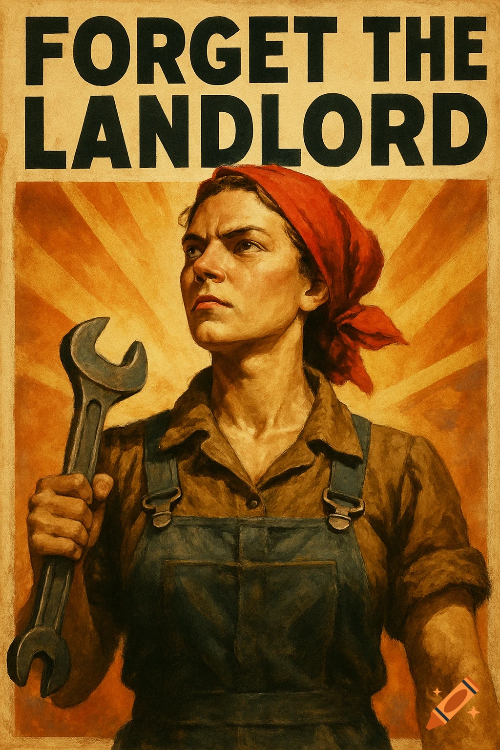 Vintage propaganda poster of a determined woman in overalls holding a wrench, with text 'FORGET THE LANDLORD'.