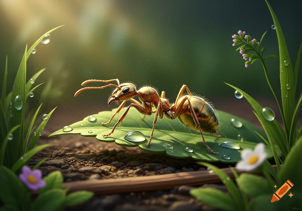 A golden ant crawls on a green leaf covered in dewdrops, with blades of grass and tiny flowers in a soft focus natural setting.