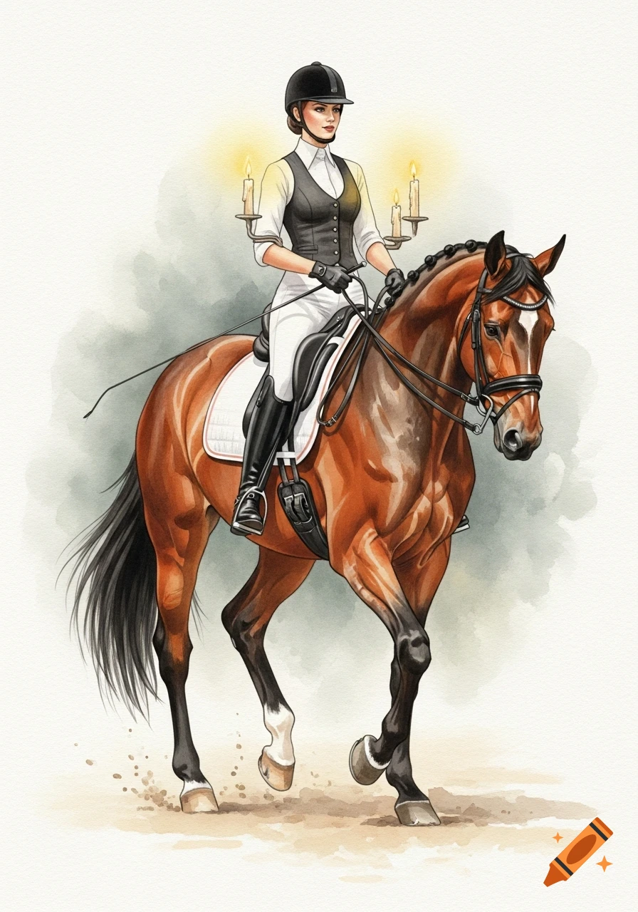 Watercolor illustration of a woman in riding gear on a brown horse, holding two lit candles, with a soft background.