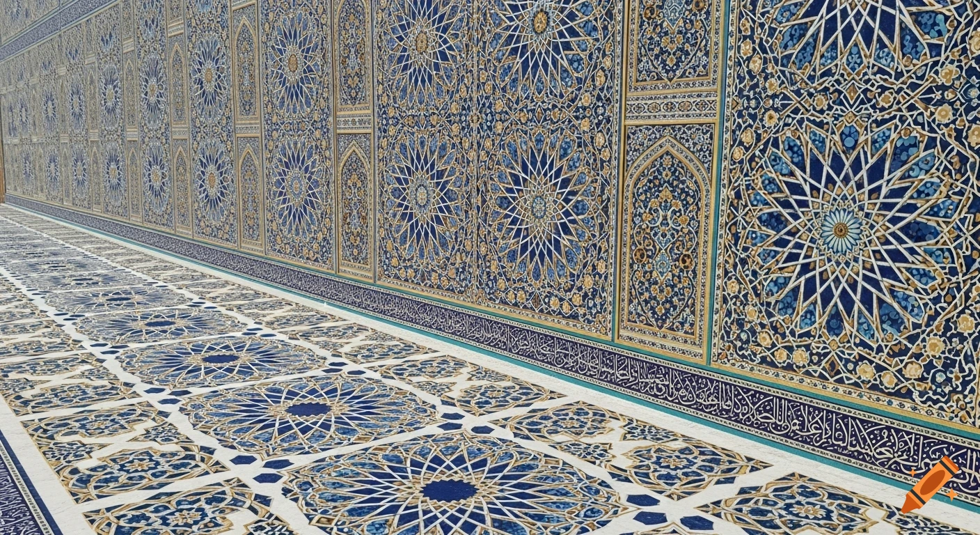A long hallway with walls and floor adorned with intricate blue and gold Islamic geometric patterns.