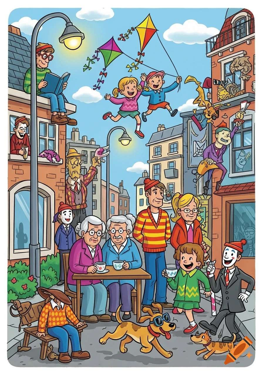 A vibrant, ultra-detailed cartoon street scene with diverse characters engaged in humorous activities, like two kids flying kites, people sitting at a cafe, and a man reading on a rooftop.