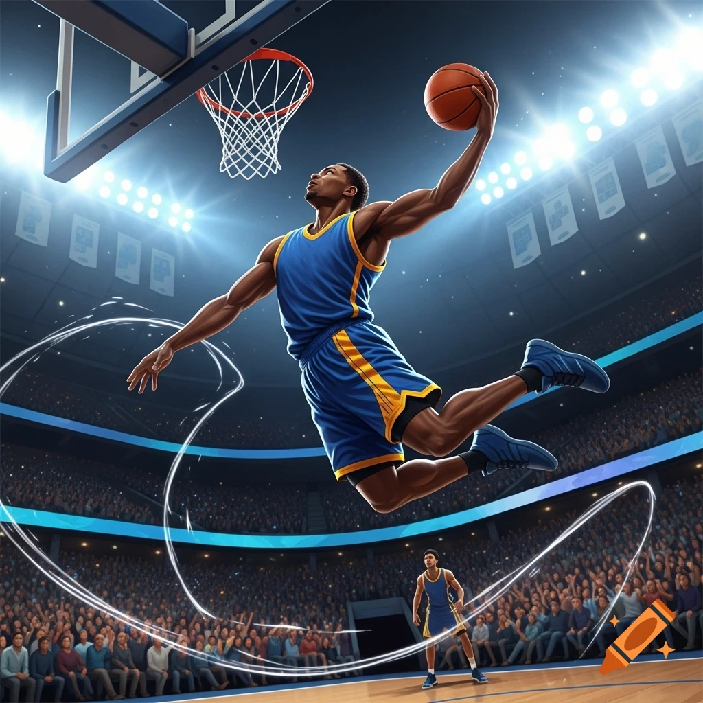 A dynamic shot of a basketball player in a blue and yellow uniform mid-air, about to dunk in a brightly lit stadium with a crowd.
