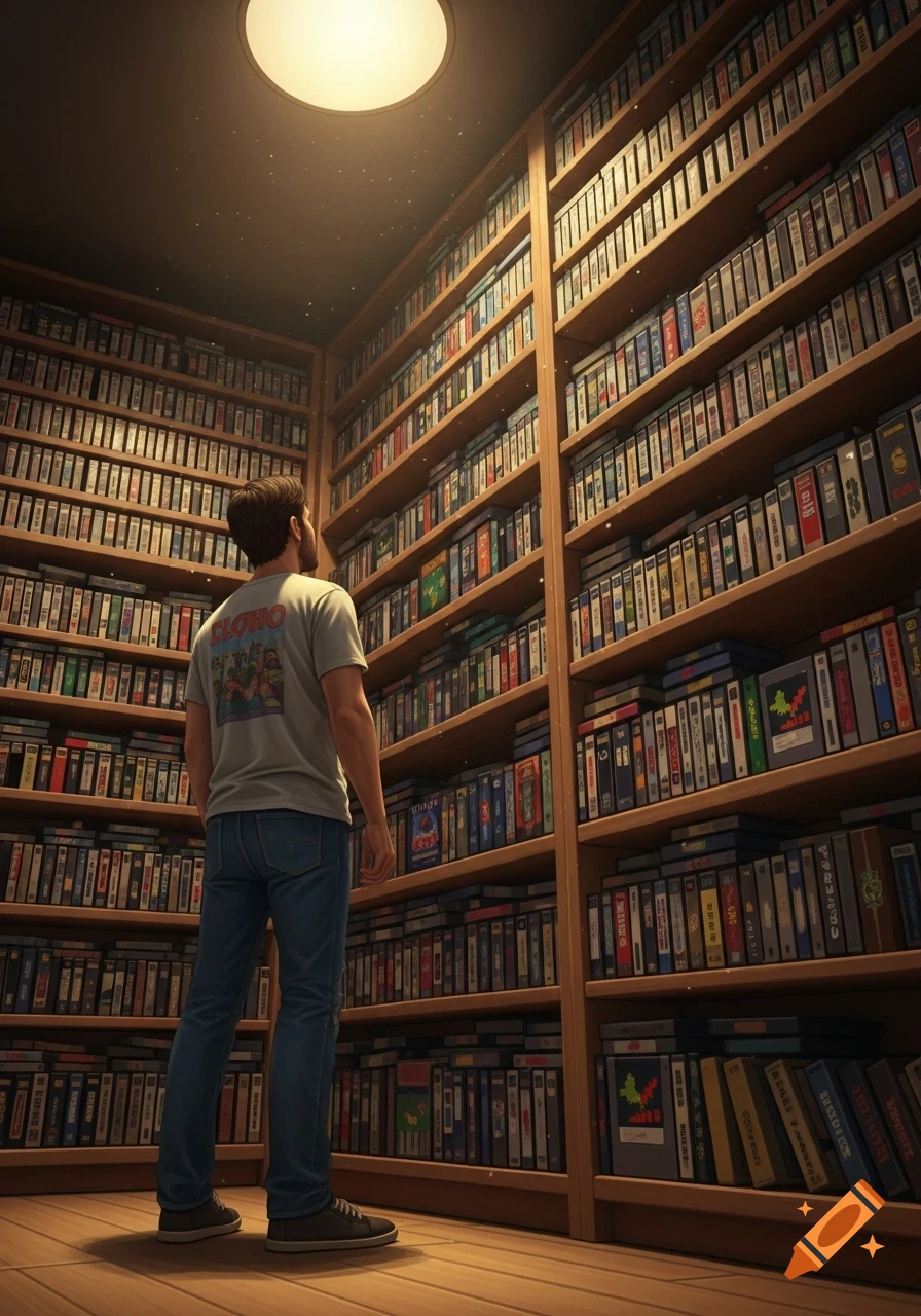 A man stands in a room with towering bookshelves filled with video game cartridges, looking up at a bright overhead light.