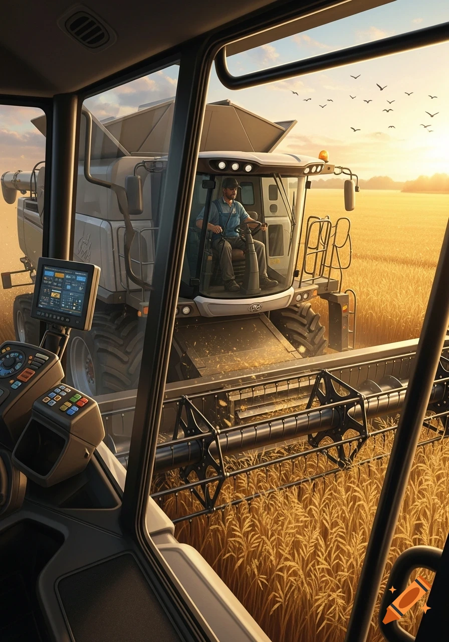View from inside a combine harvester, looking at another combine harvesting golden wheat fields at sunset.