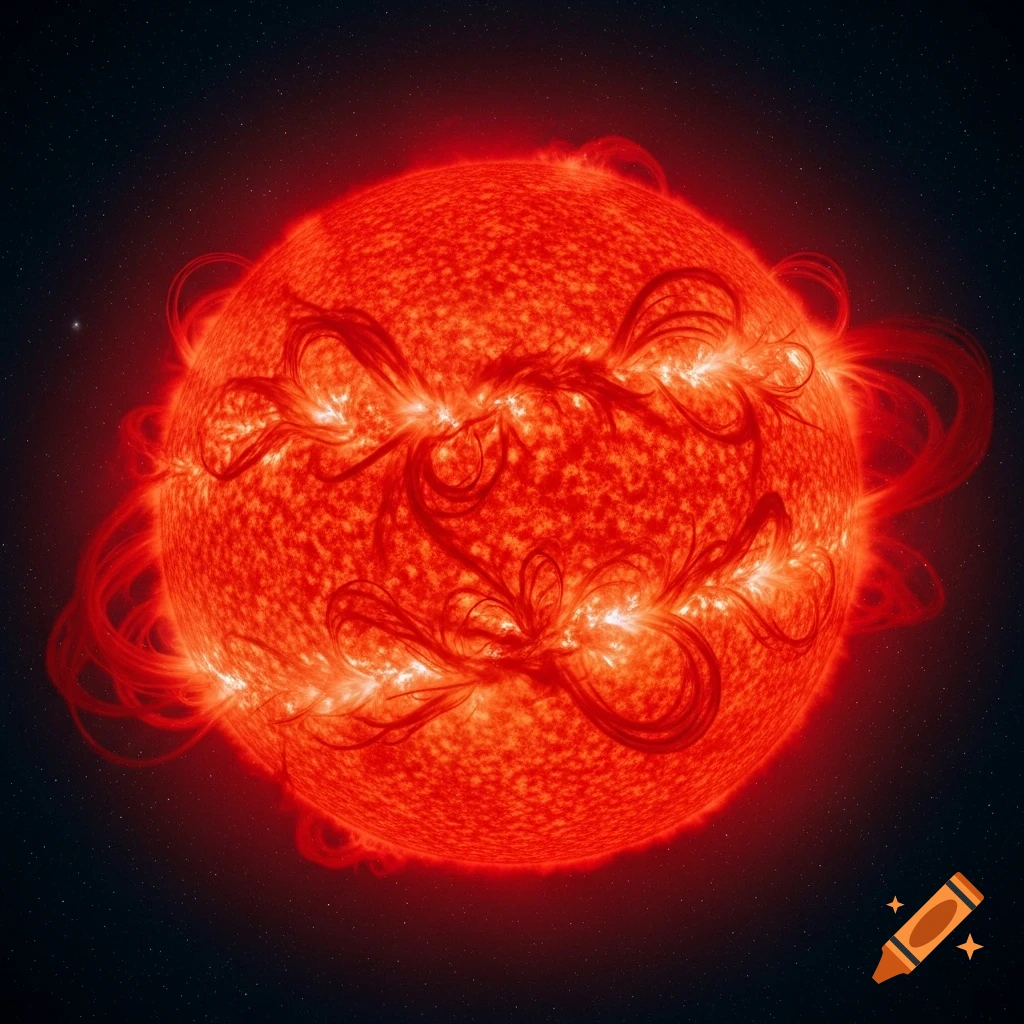 A vibrant red supergiant star glows brightly with fiery plasma loops extending from its surface against a dark, star-filled space.