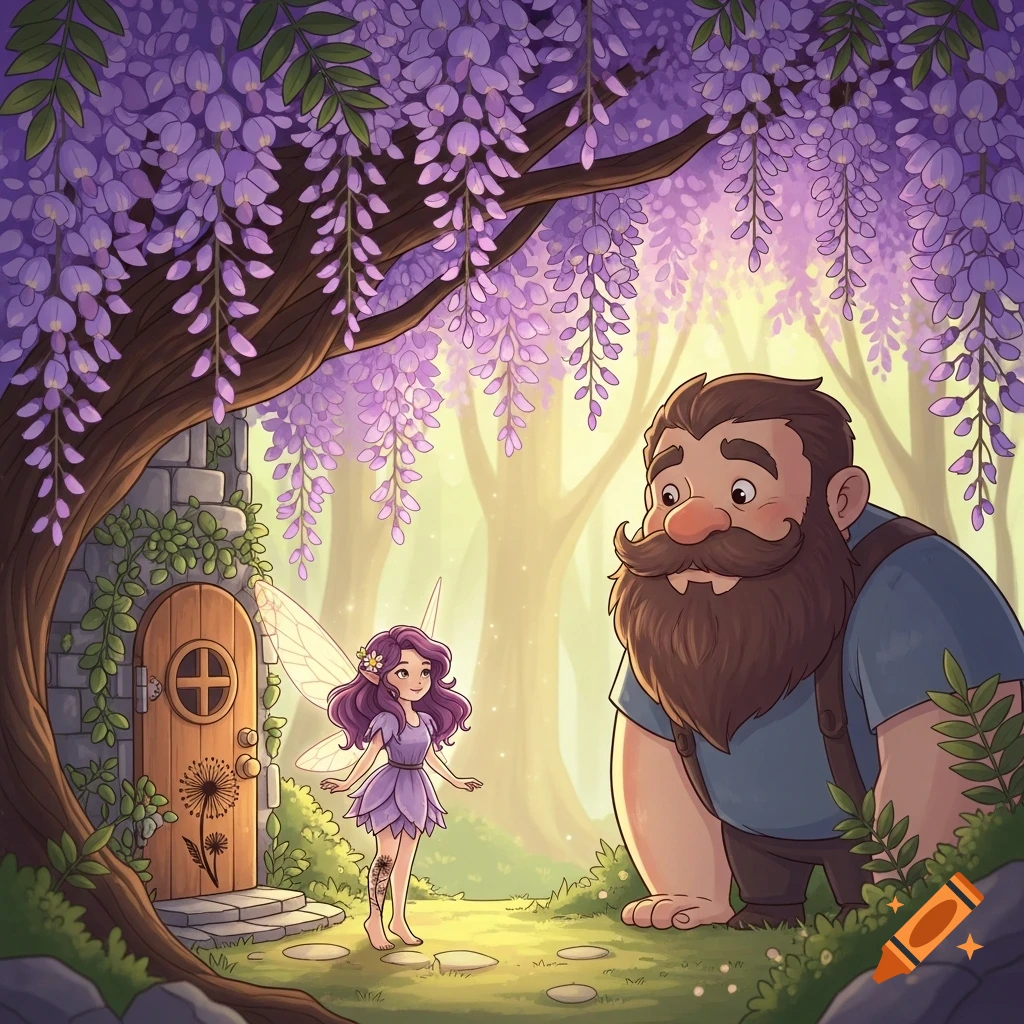 A tiny fairy with purple hair stands before a small door under a purple wisteria tree, looking up at a gentle, bearded giant in a whimsical cartoon style.