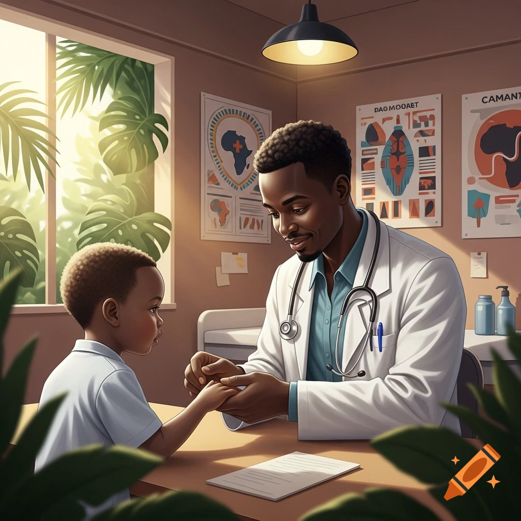 An African male doctor in a white coat examines the hand of a young child in a brightly lit doctor's office with large green plants by a window.