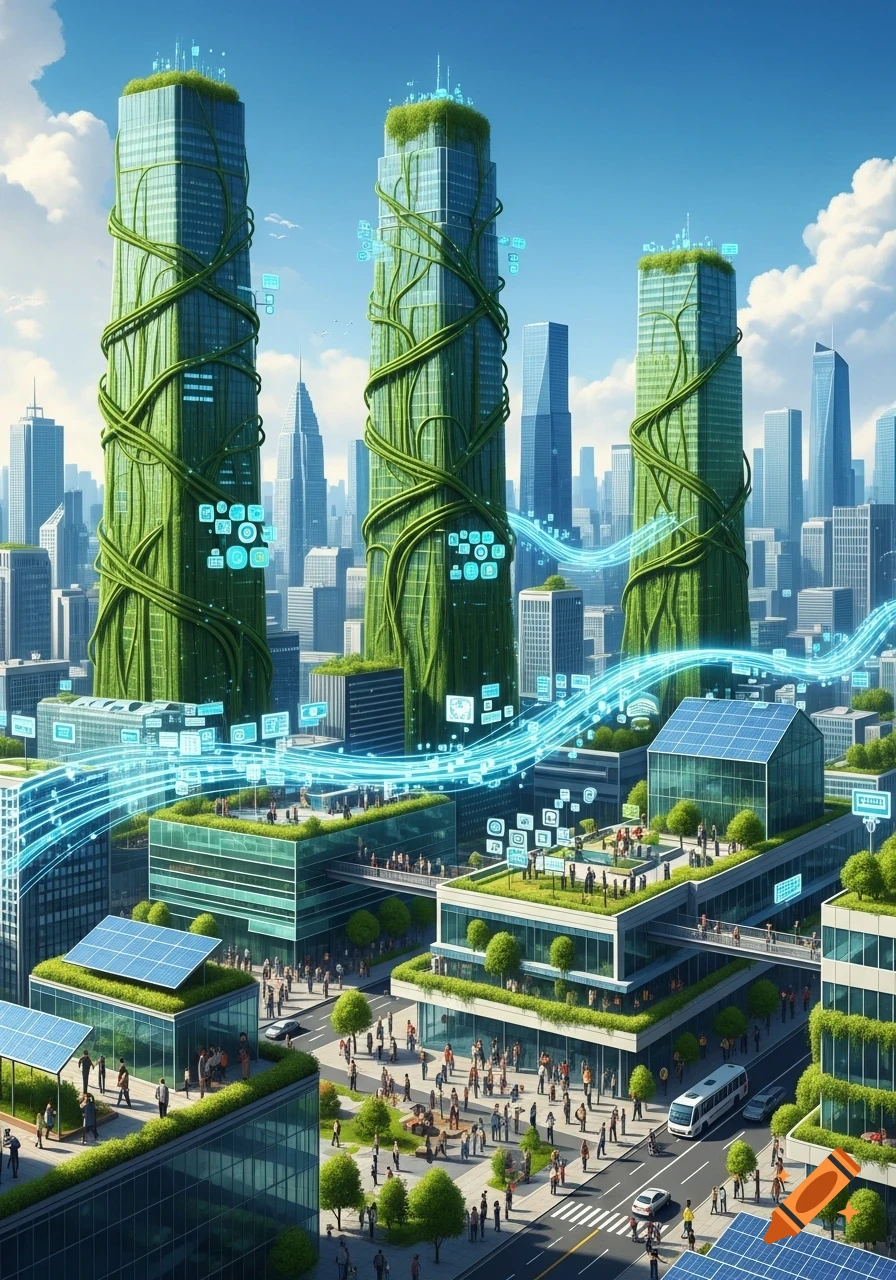 A vibrant, futuristic city with green vine-covered skyscrapers, buildings with solar panels and green roofs, and glowing blue data streams. People are seen on streets and elevated walkways.