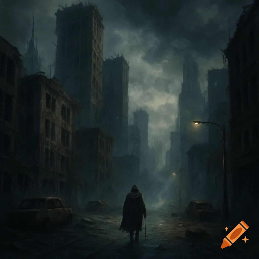 A lone hooded figure walks down a flooded, debris-strewn street in a desolate, ruined city under a dark, stormy sky.