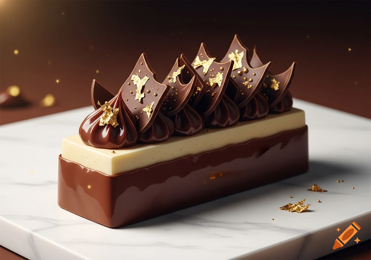 A decadent chocolate bar with creamy white and dark chocolate layers, topped with intricate chocolate curls and edible gold leaf on a marble surface.