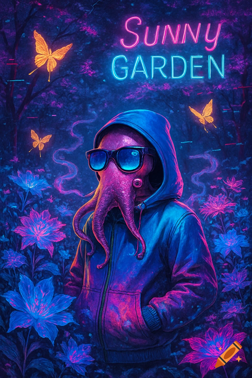 A cool octopus in a blue hoodie and sunglasses in a vibrant neon cyberpunk garden with flowers and butterflies, 'Sunny Garden' text above.