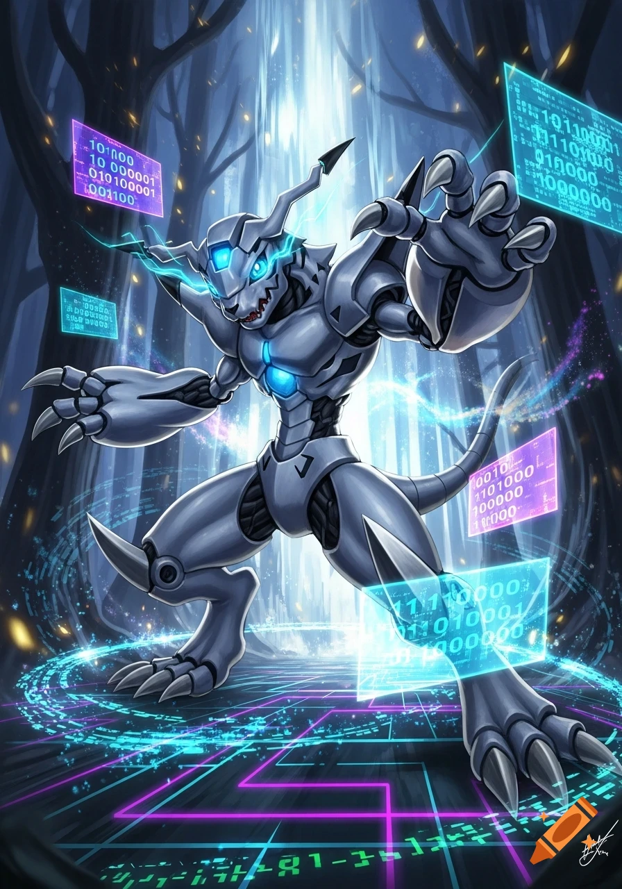 A silver robotic creature with glowing blue features, claws, and sharp teeth stands in a dark forest surrounded by holographic binary code and neon energy patterns.