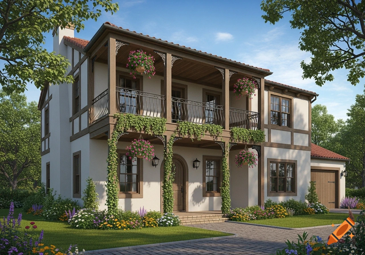 A photorealistic two-story house with a large upper balcony, ornate railings, climbing vines, and lush flower beds.