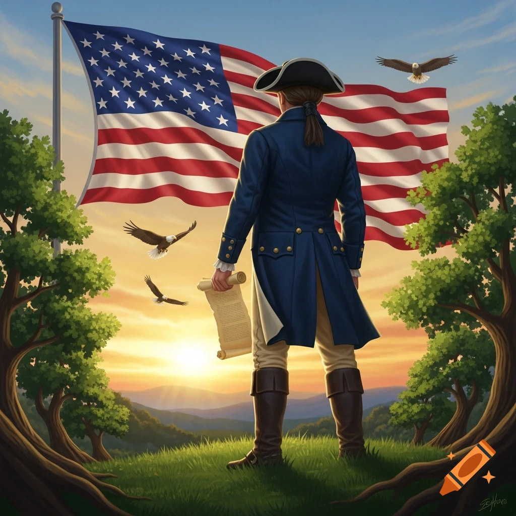 A patriot in colonial attire stands on a grassy hill, holding a scroll, gazing at a large American flag waving at sunset, with eagles flying.