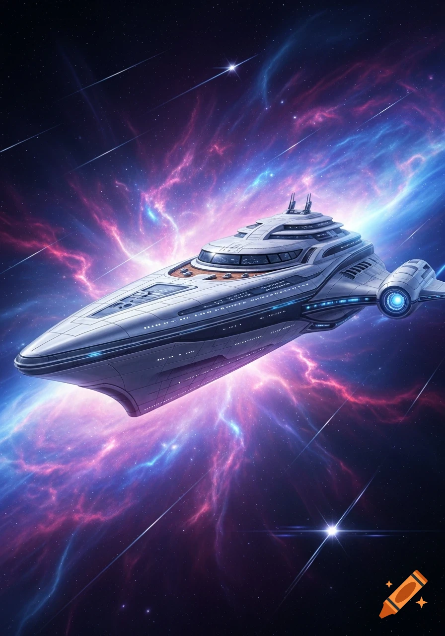 A large, sleek luxury spaceship soars through a vibrant nebula of pink, purple, and blue, with streaks of light passing by.