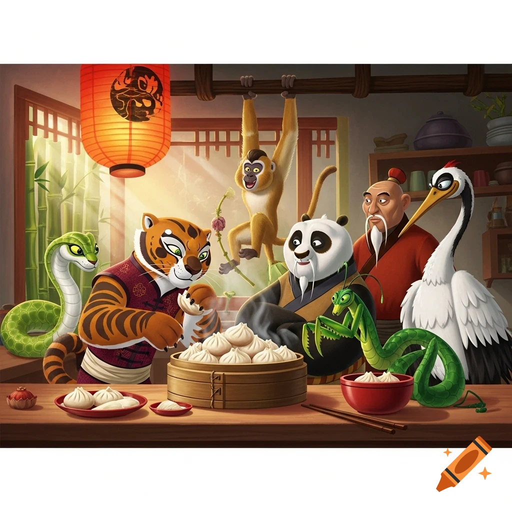 Cartoon scene of Tigress, Monkey, Panda, Master Shifu, Viper, Mantis, and Crane from Kung Fu Panda in a kitchen with dumplings.