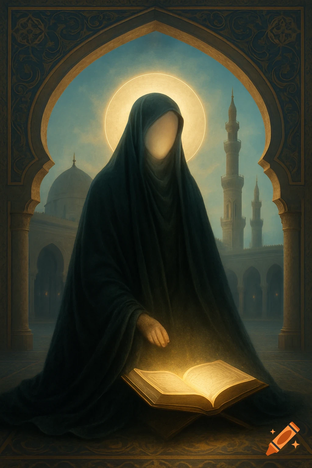 A veiled figure in a dark chador sits before a glowing open Quran, inside a mosque with ornate arches and minarets.