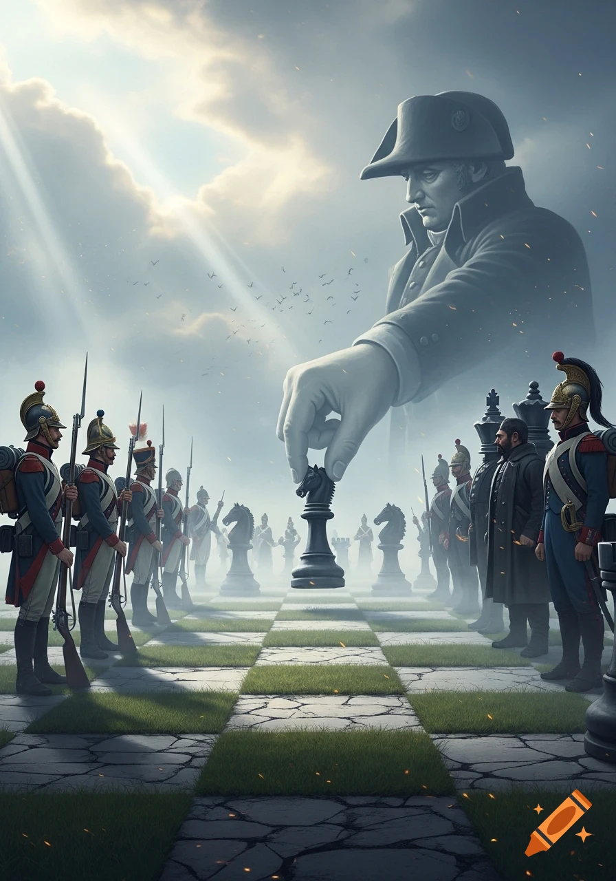 A giant, spectral Napoleon moves a black knight on a massive outdoor chessboard, flanked by soldiers serving as human chess pieces.