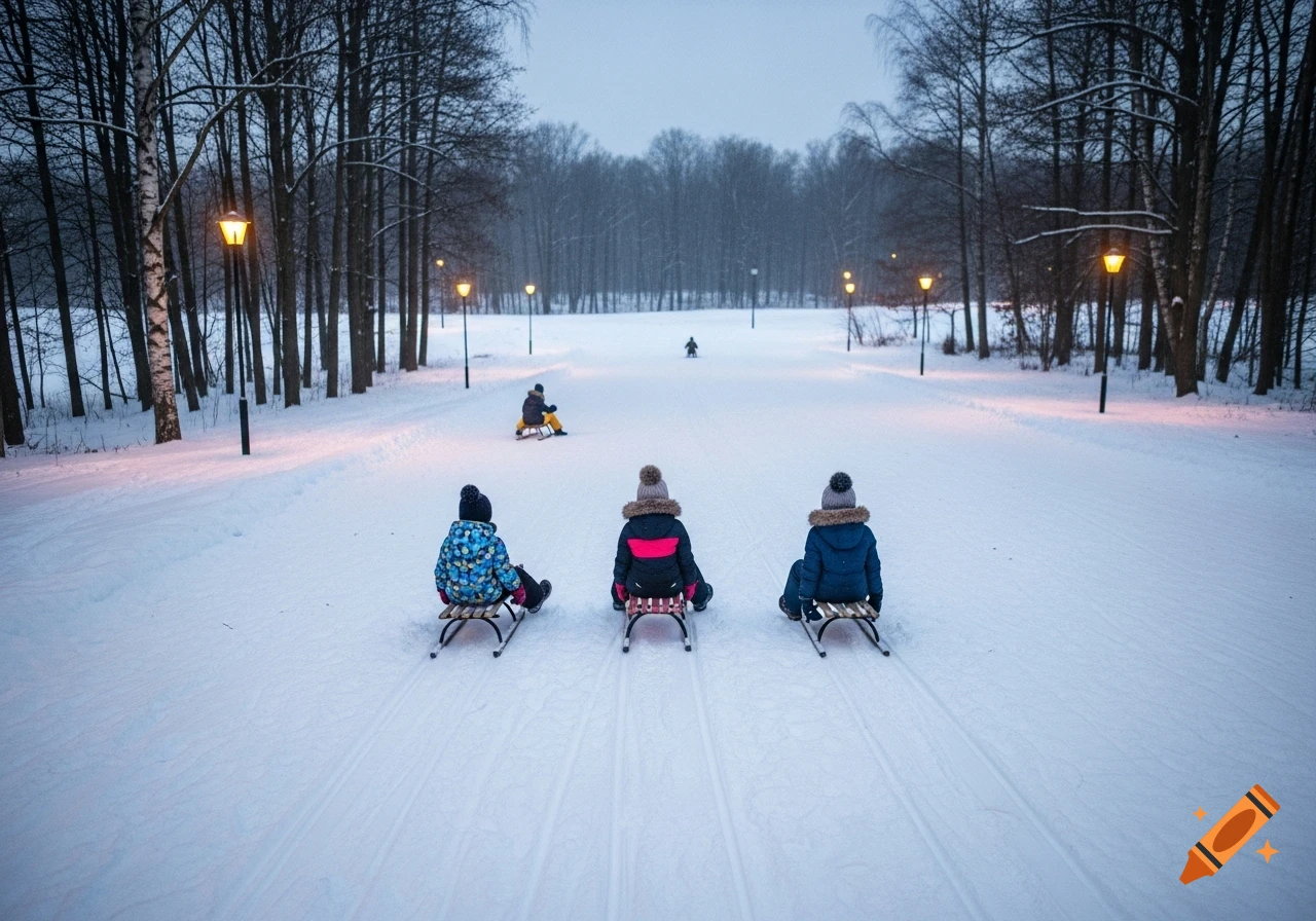 Three children sledding down a snowy hill in a park at dusk, illuminated by street lamps, with a forest in the background.