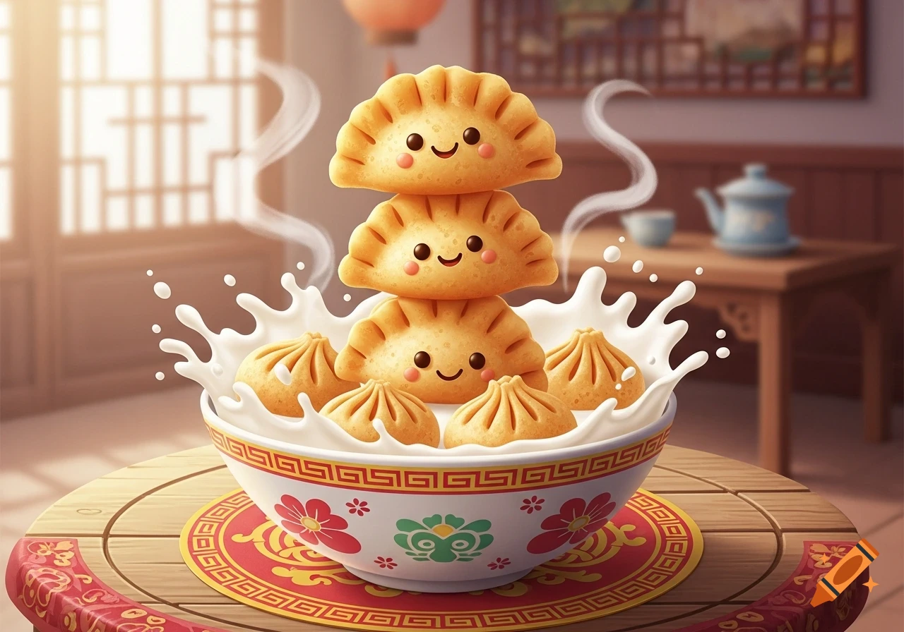 Cute cartoon smiling dumplings stacked in a bowl of splashing milk with more dumplings, in a Chinese-style setting.