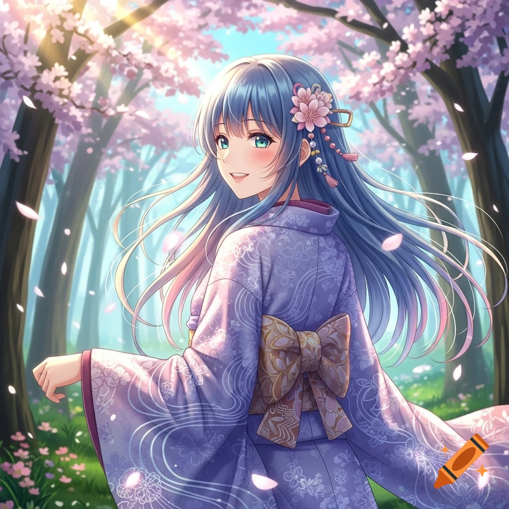 Beautiful anime girl with long blue hair, wearing a floral purple kimono, smiling in a sunny cherry blossom forest.