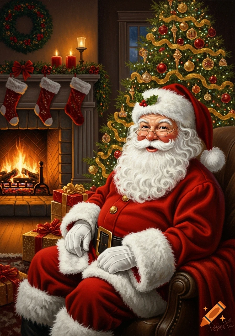 A festive oil painting of Santa Claus in a red suit and hat, sitting by a fireplace with stockings and a decorated Christmas tree.