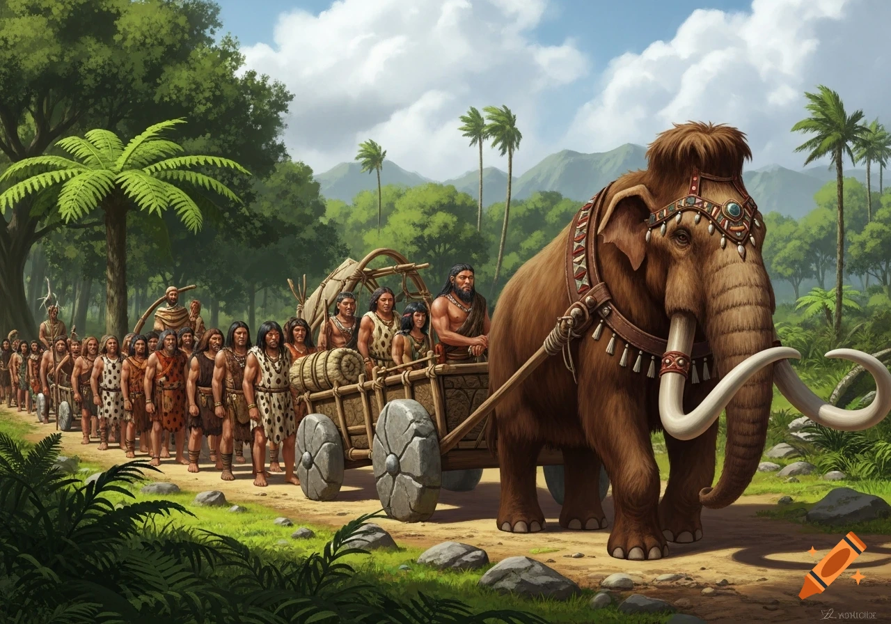 Illustration of a woolly mammoth pulling a cart carrying primitive people, followed by a long queue, in a lush prehistoric landscape.
