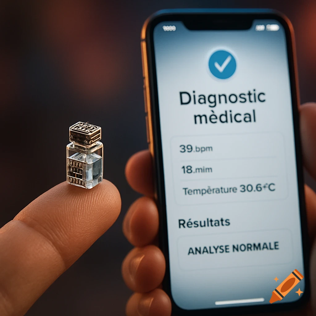A tiny microchip/vial on a finger next to a smartphone displaying a French medical diagnostic app, photorealistic style.