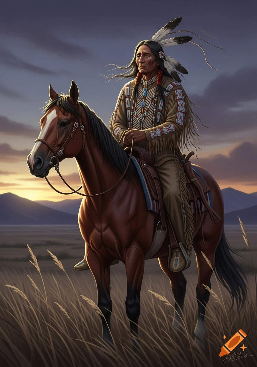 Painted portrait of a somber Native American man on horseback in a grassy field at sunset.