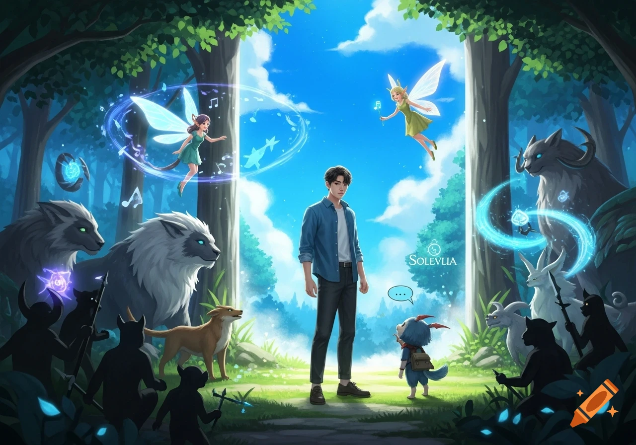 A young man stands in a vibrant fantasy forest surrounded by glowing fairies, wolves, and various mythical creatures, with a bright sky portal behind him.