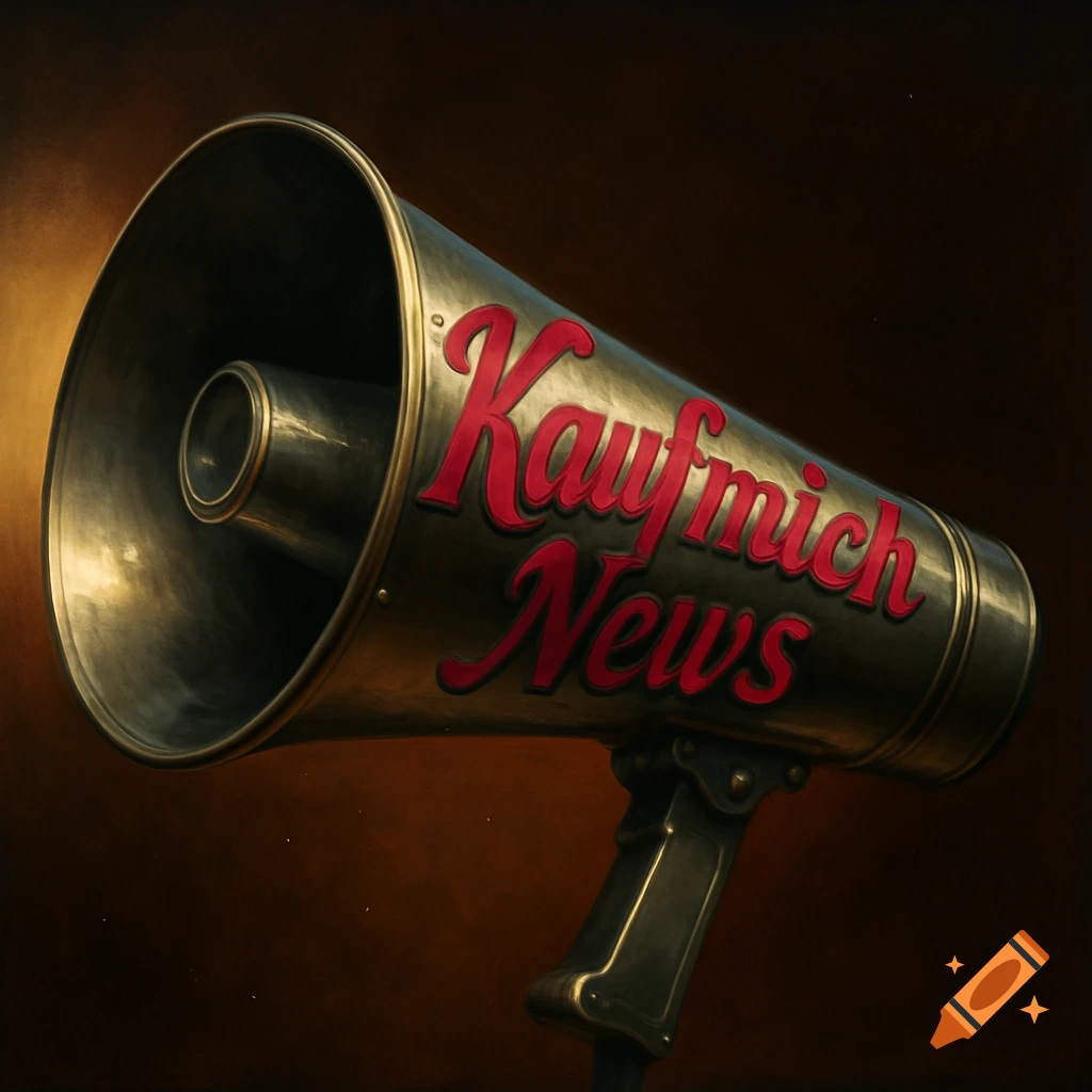 A metallic megaphone with 'Kaufmich News' written in bold red letters on its side, set against a dark, warm background.