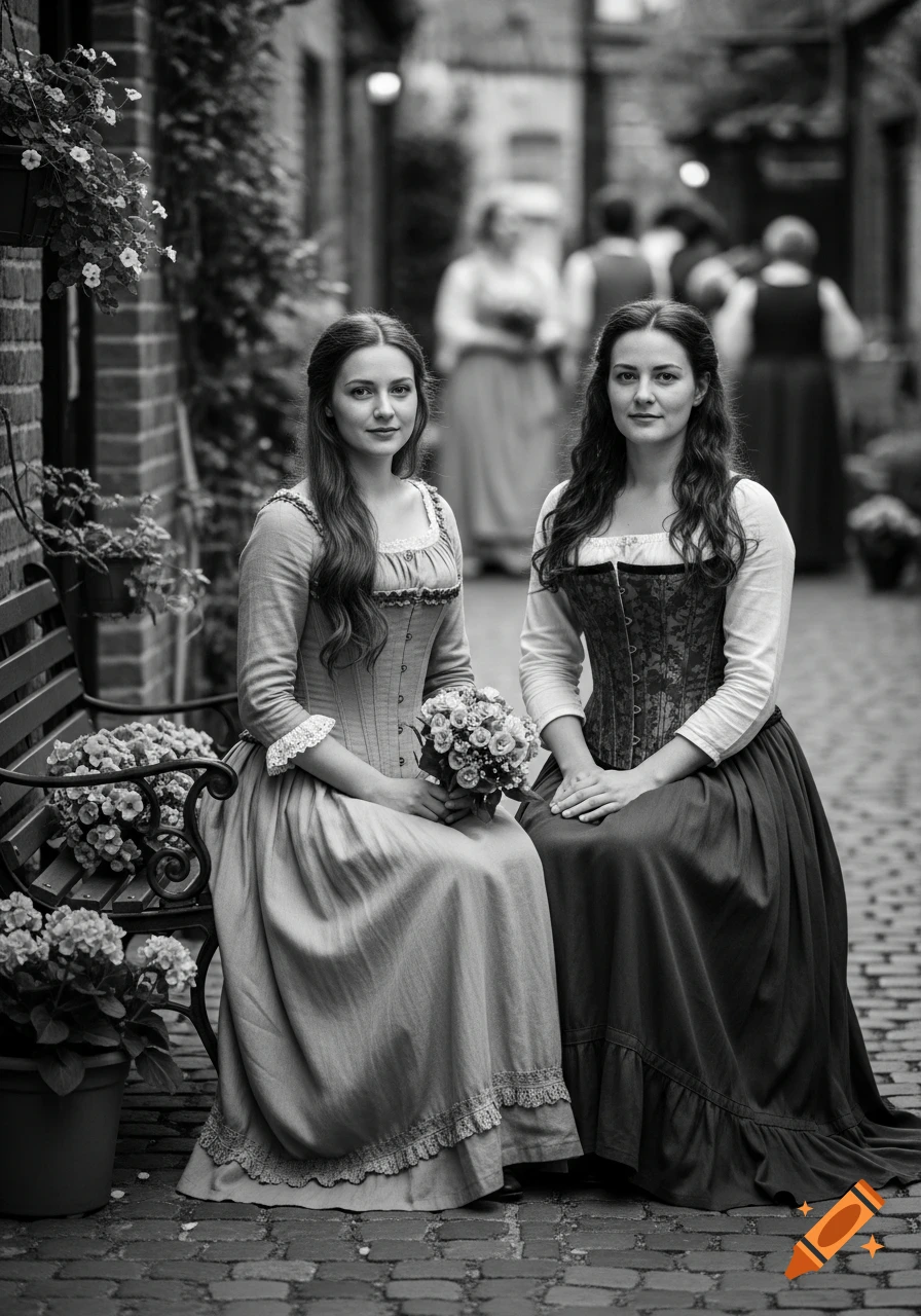 Two women in Victorian/Renaissance dresses and corsets sit on a bench in a black and white street scene, one holding flowers.