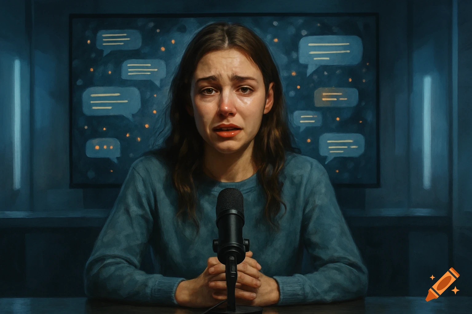 A crying woman sits in front of a microphone, with glowing chat bubbles on a dark screen behind her in a dramatic, dark style.