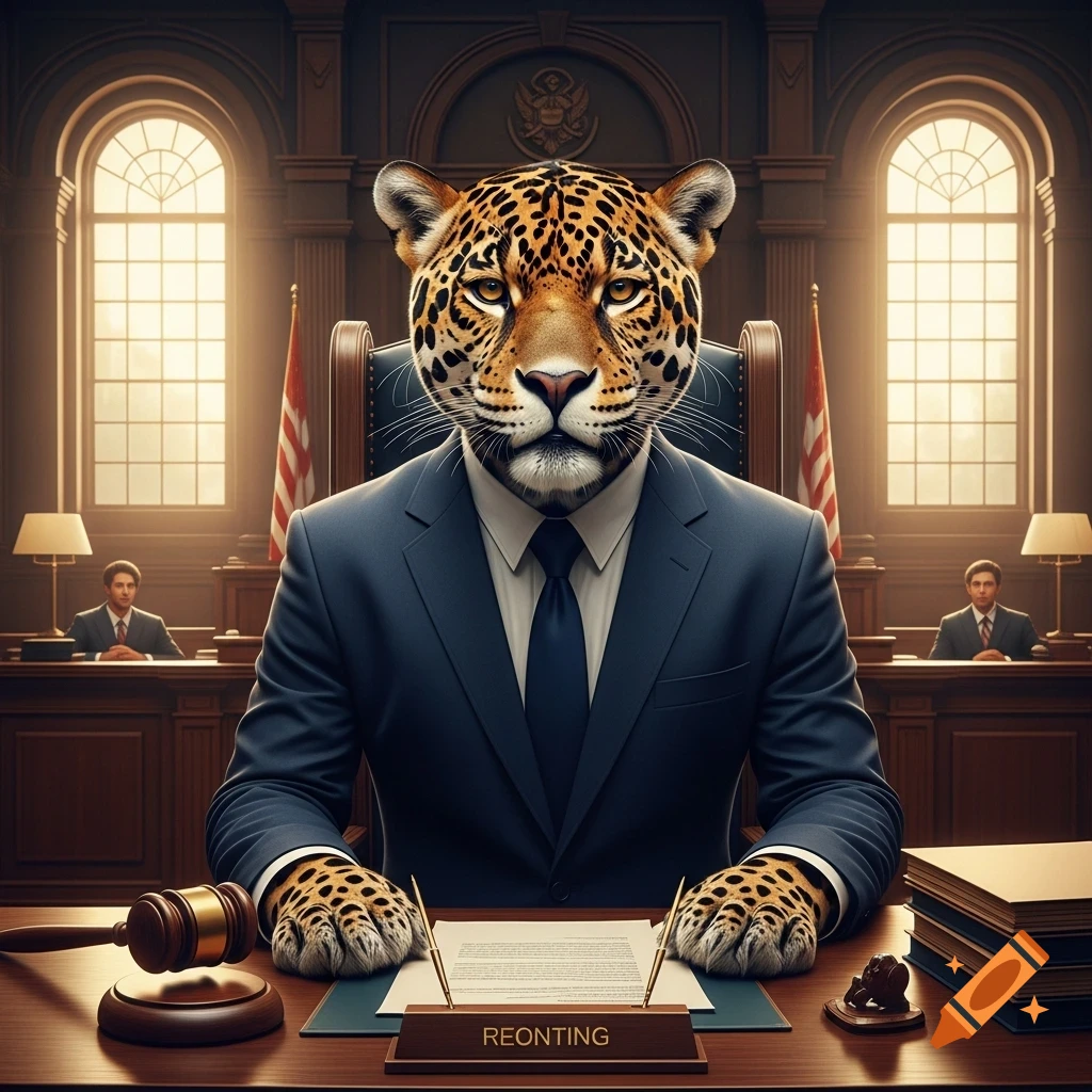 A photorealistic jaguar in a dark suit and tie sits at a judge's bench in a grand courtroom, with a gavel nearby.