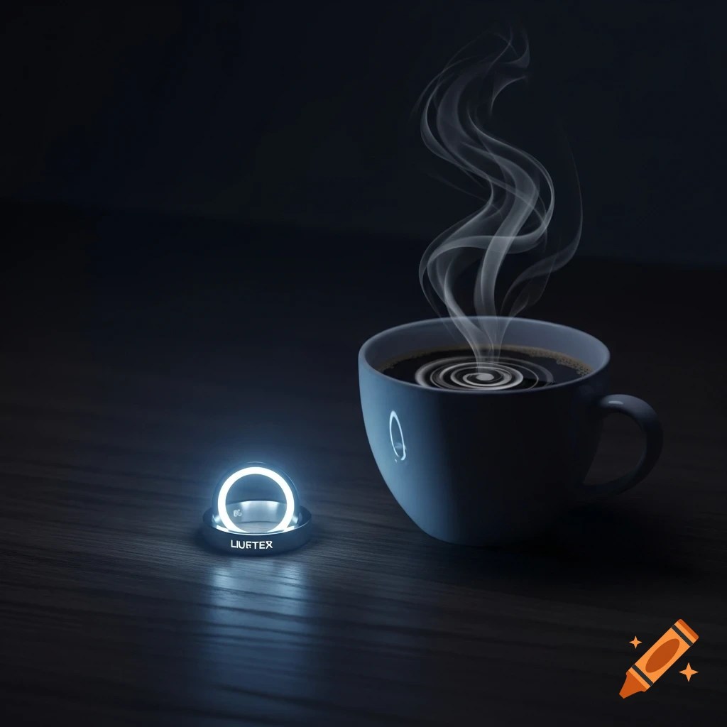 A steaming cup of coffee next to a glowing ring with "LIUFTER" on its base, on a dark wooden table in a moody, low-light setting.