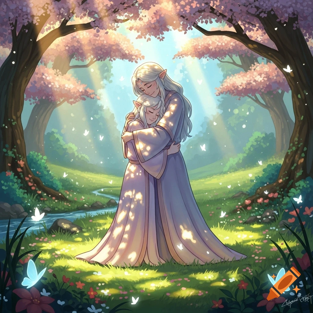 Two white-haired elves sweetly hug in a beautiful cherry blossom forest with a stream and glowing butterflies. Illustrative style.