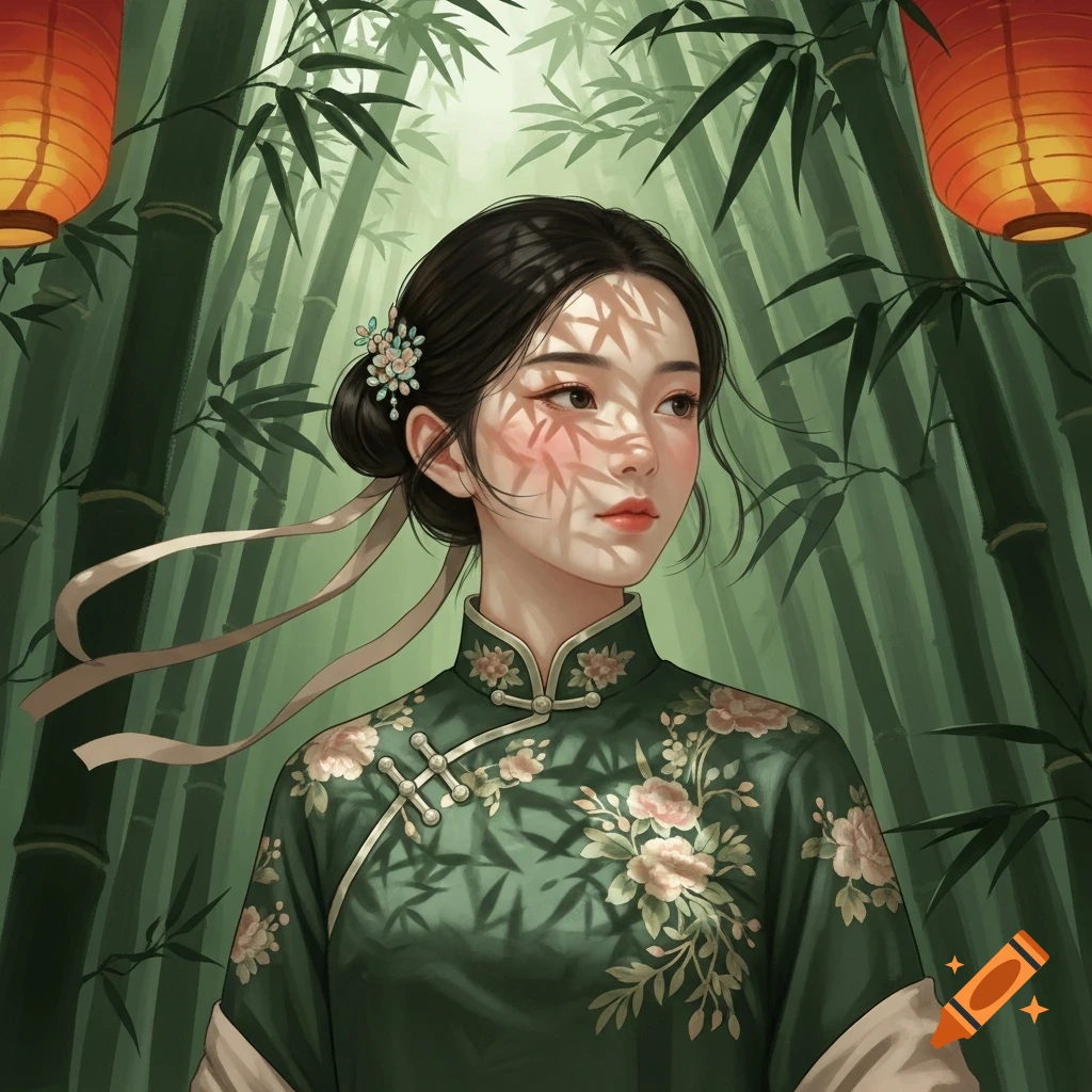 A young Chinese woman in a green floral traditional dress stands in a bamboo forest with lanterns, sunlight dappling her face.