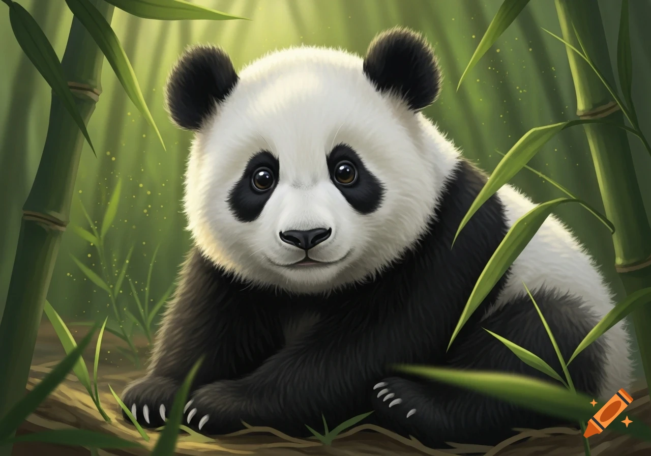 A fluffy, cute baby panda with big dark eyes sits in a vibrant green bamboo forest.