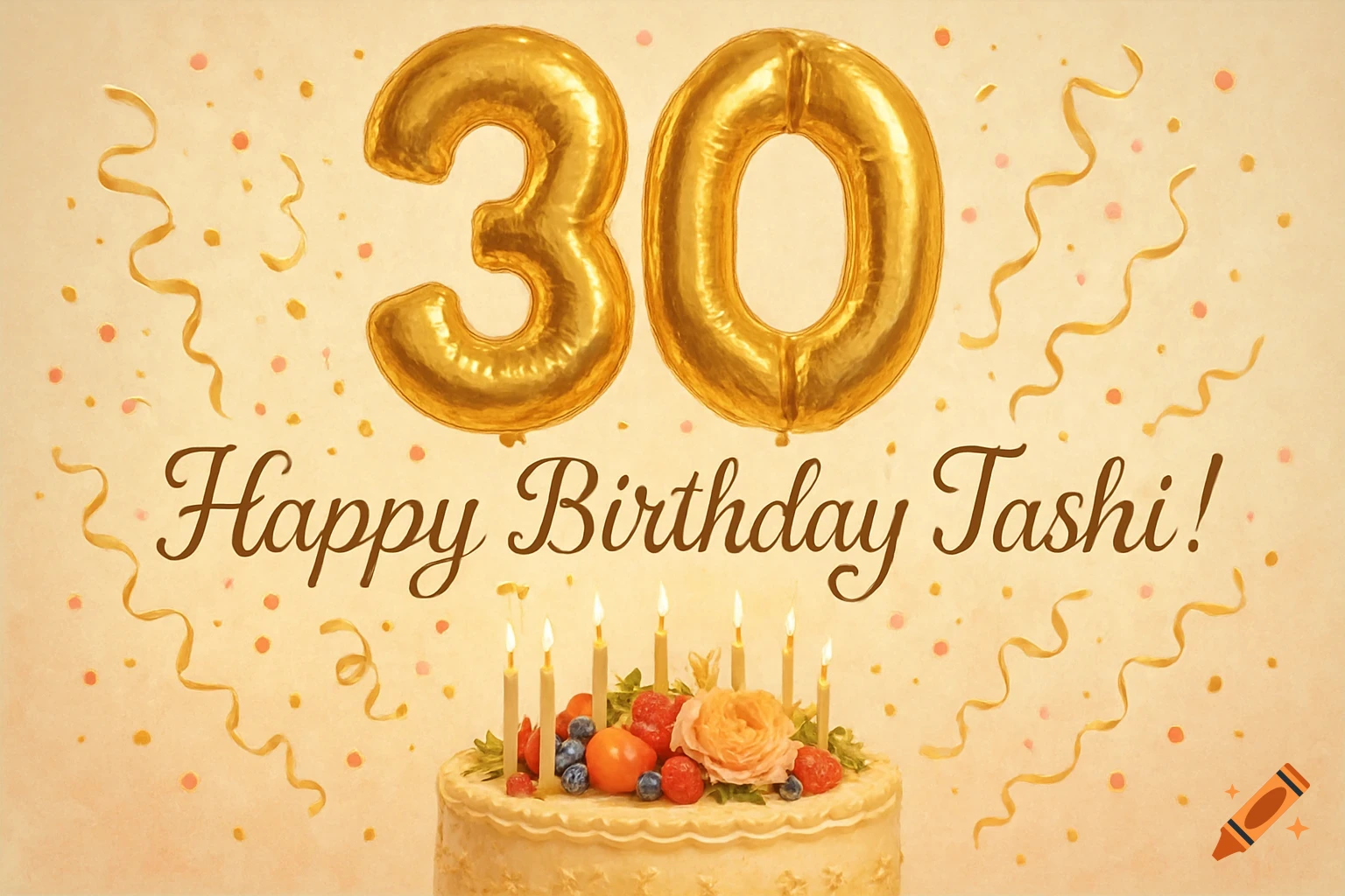 A birthday card with golden '30' balloons, 'Happy Birthday Tashi!' text, and a cake with candles and fruit, in a watercolor style.