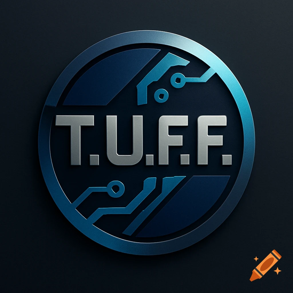 A blue and grey metallic logo featuring the text 'T.U.F.F.' within a circular design with futuristic circuit board elements.