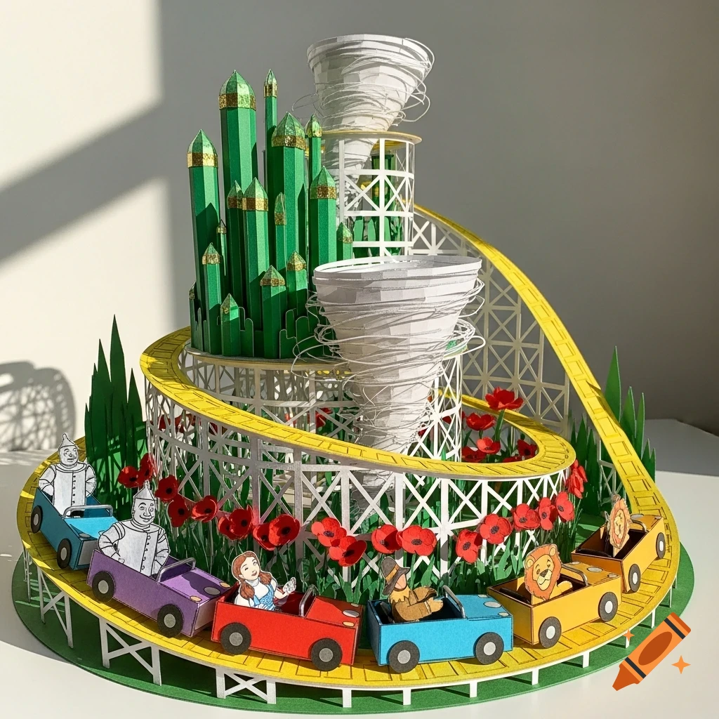 A detailed paper craft Wizard of Oz roller coaster diorama featuring the Emerald City, yellow brick road, character cars, poppies, and tornadoes.