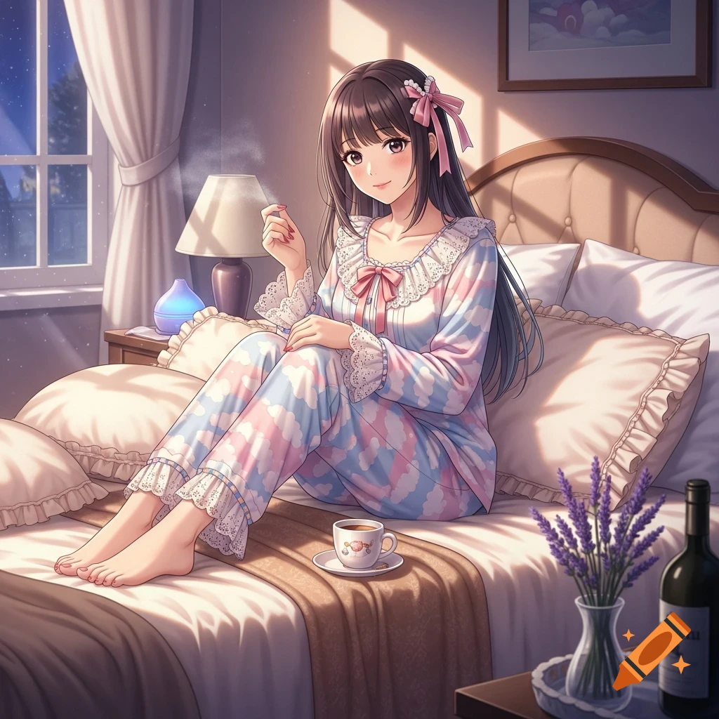 An anime girl in pink and blue cloud-patterned pajamas smiles while sitting on a bed in a sunny bedroom.