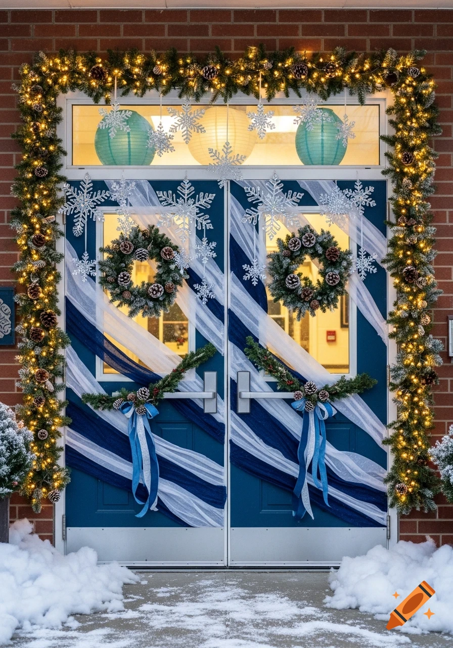A building entrance decorated for winter with lighted garland, wreaths, snowflake ornaments, blue and white fabric drapes, and faux snow.