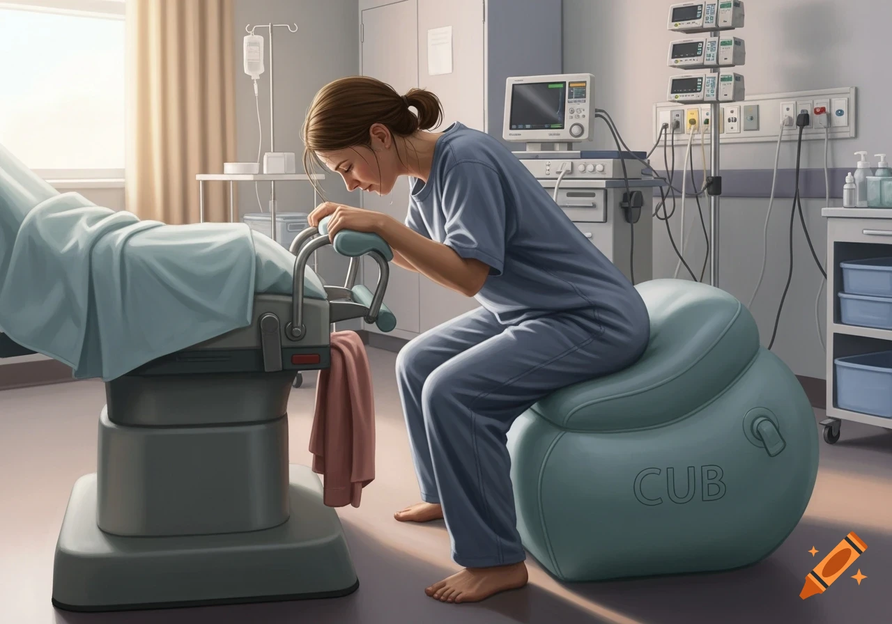 A woman in blue scrubs sits on a teal inflatable birthing stool labeled "CUB", leaning on a squat bar next to a hospital bed. Medical equipment is in the background.