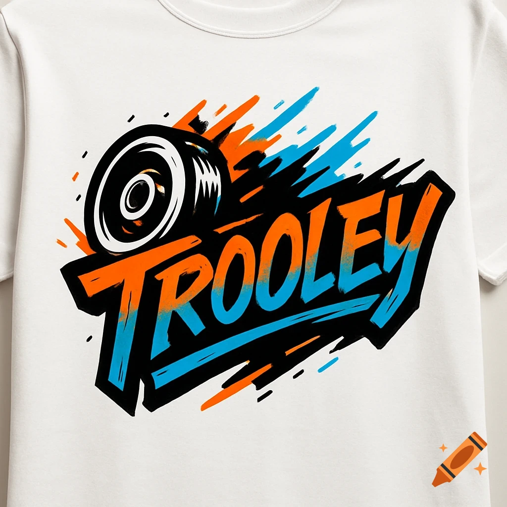 A white t-shirt featuring a dynamic skate logo with a wheel and the word "TROOLEY" in orange and blue graffiti-style text.
