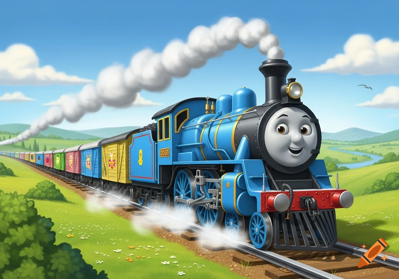 A cheerful blue cartoon steam engine pulls colorful freight cars through a vibrant green landscape under a blue sky.
