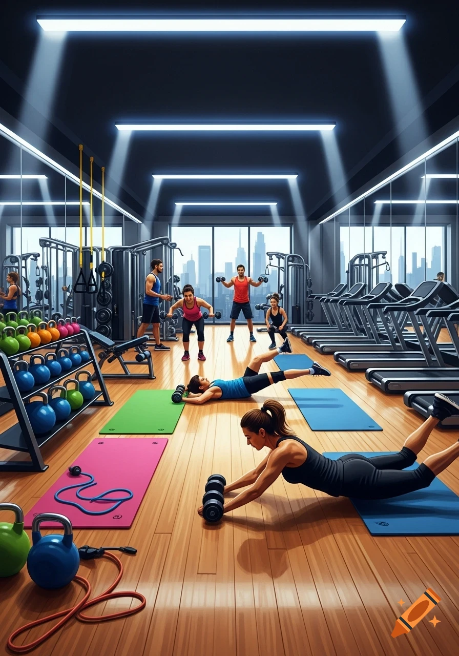 Various people exercising in a well-lit, modern gym with equipment and a cityscape view.