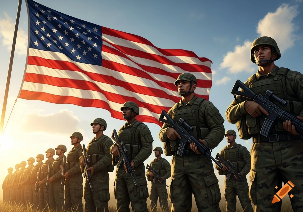 Soldiers in green camouflage uniforms and helmets stand in formation with rifles, facing forward as a large American flag waves behind them under a bright sky with the sun setting.