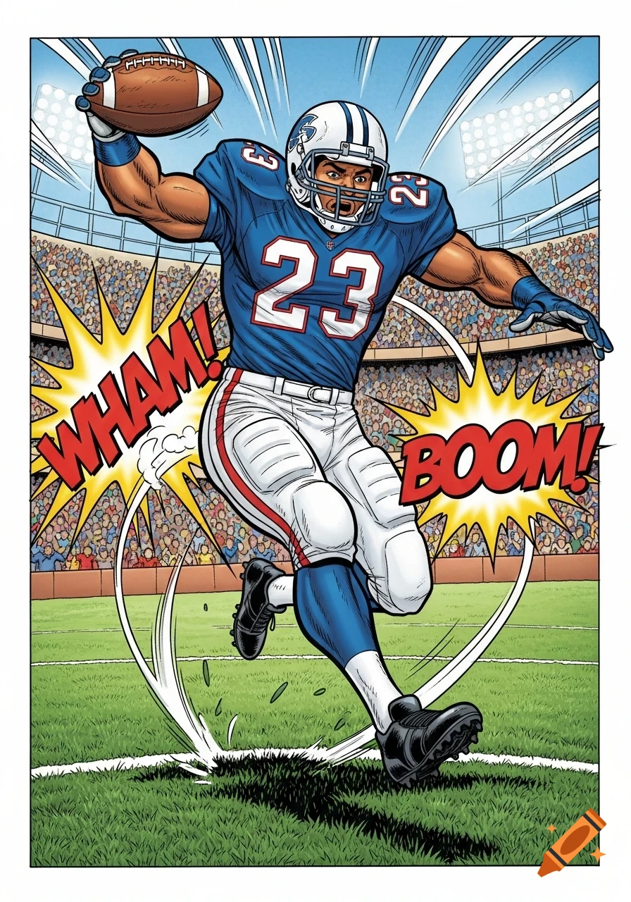 Comic book illustration of a football player in a blue and white uniform with number 23, throwing a football in a stadium, with "WHAM!" and "BOOM!" sound effects.