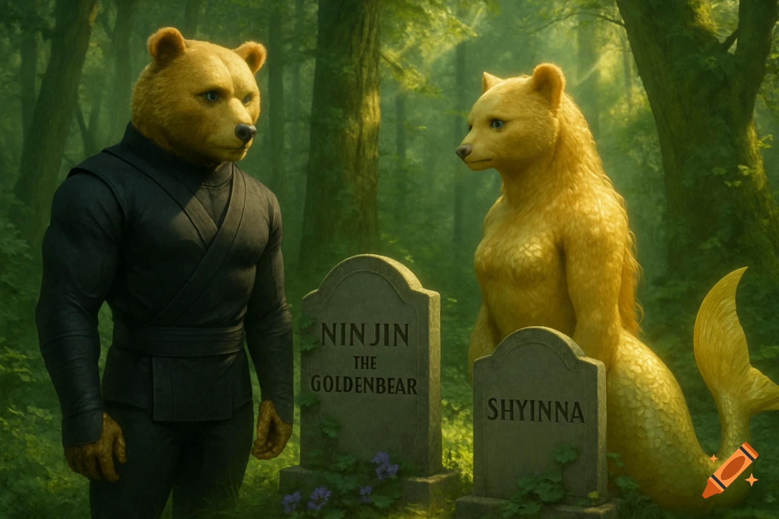 A male golden bear in a black ninja suit and a female golden bear with a mermaid tail stand solemnly by two gravestones in a green forest.